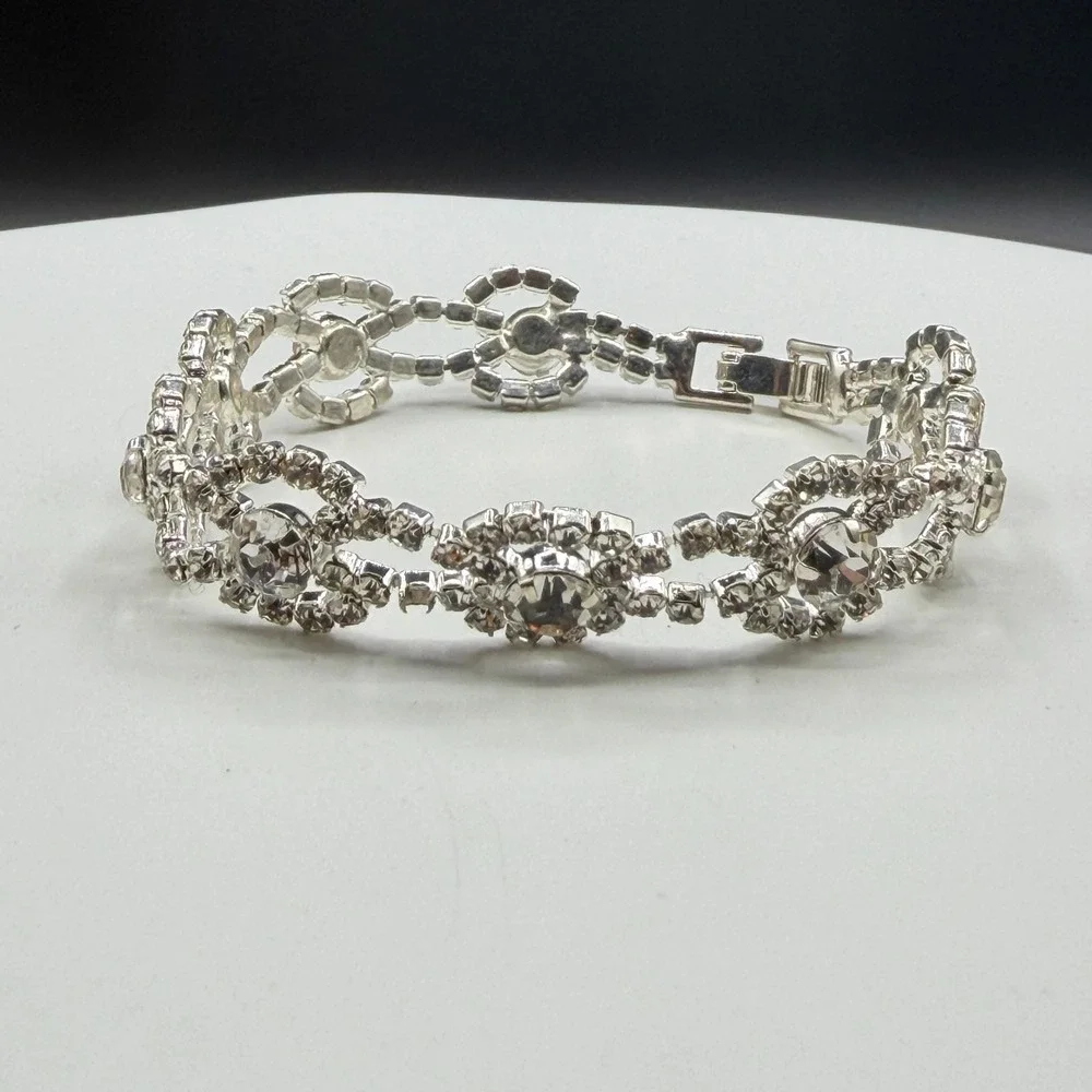 Clear Rhinestone Silver Tone Floral Link Bracelet Bridal Statement Jewelry Gift